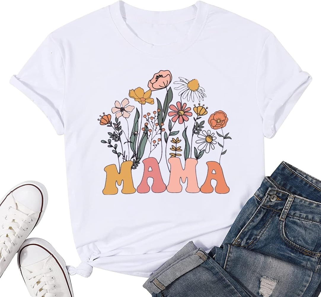 Wildflowers Mama Shirt Women Retro Floral Graphic Mom Tshirt Casual Loose Short Sleeve Tops Tee | Amazon (US)