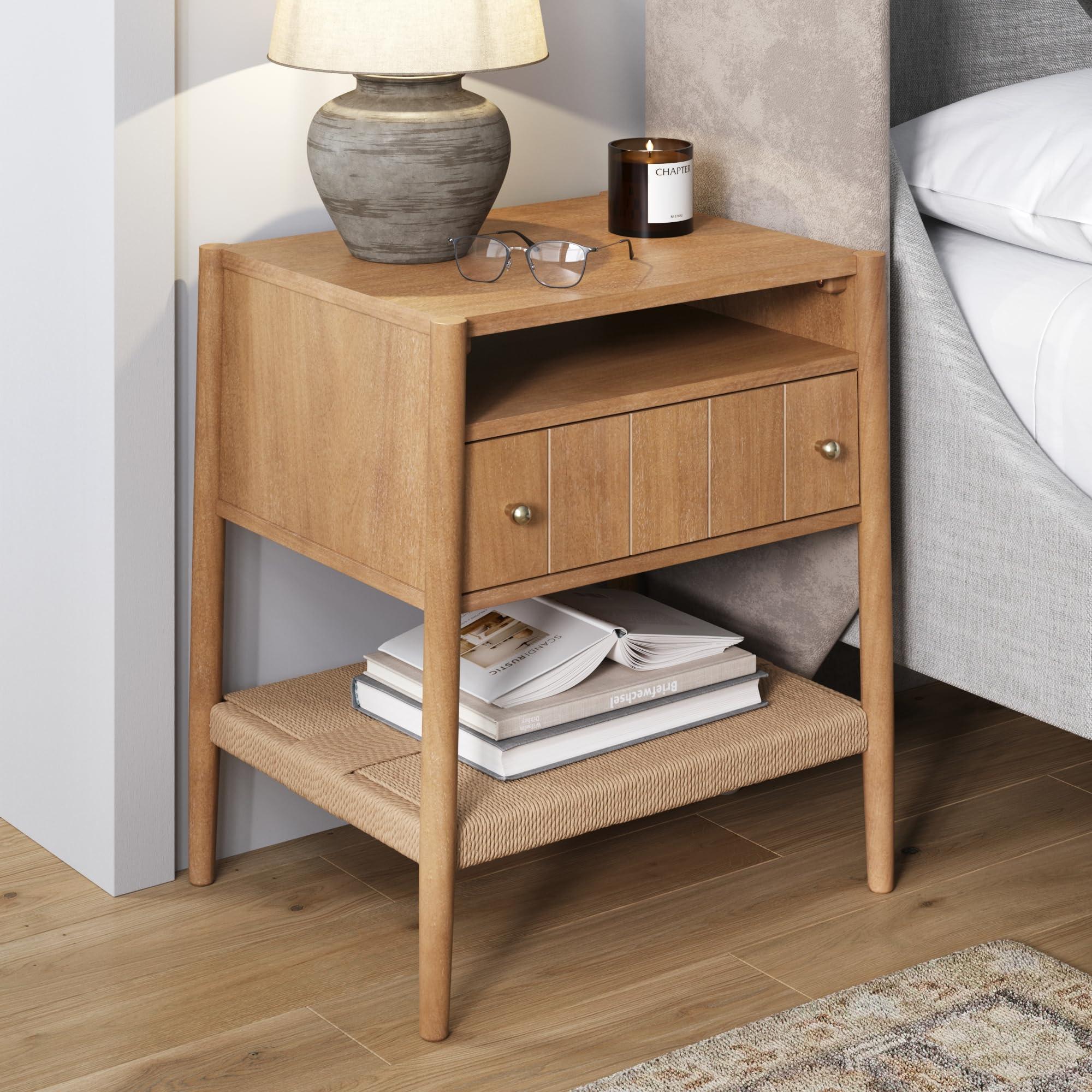 Nathan James Meads Wood Nightstand with Drawer, Vintage Nightstand with Seagrass Storage and Bras... | Amazon (US)