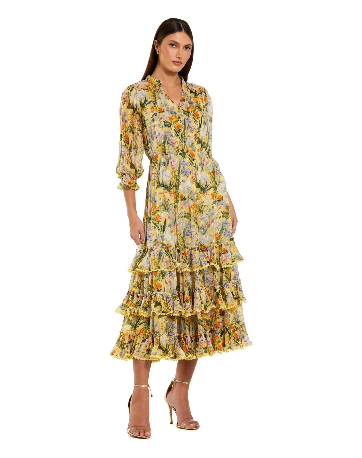 Mac Duggal Women's Floral V-Neck Ruffle Tiered Midi Dress with 3/4 Sleeves - Yellow multi | Macy's