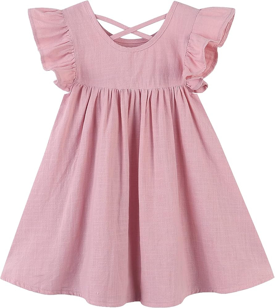 GSVIBK Girls Linen Cotton Dress Flutter Sleeve Back Cross Dress Toddler A-Line Skater Dress Baby Gir | Amazon (US)