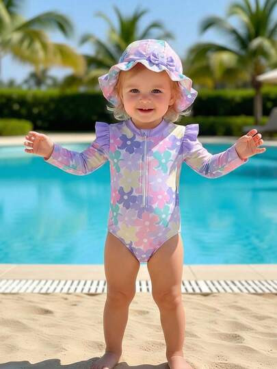 Sparklyn Baby Girls' Colorful Purple & Pink Cute Floral Ruffled Long Sleeve One-Piece Swimsuit Wi... | SHEIN