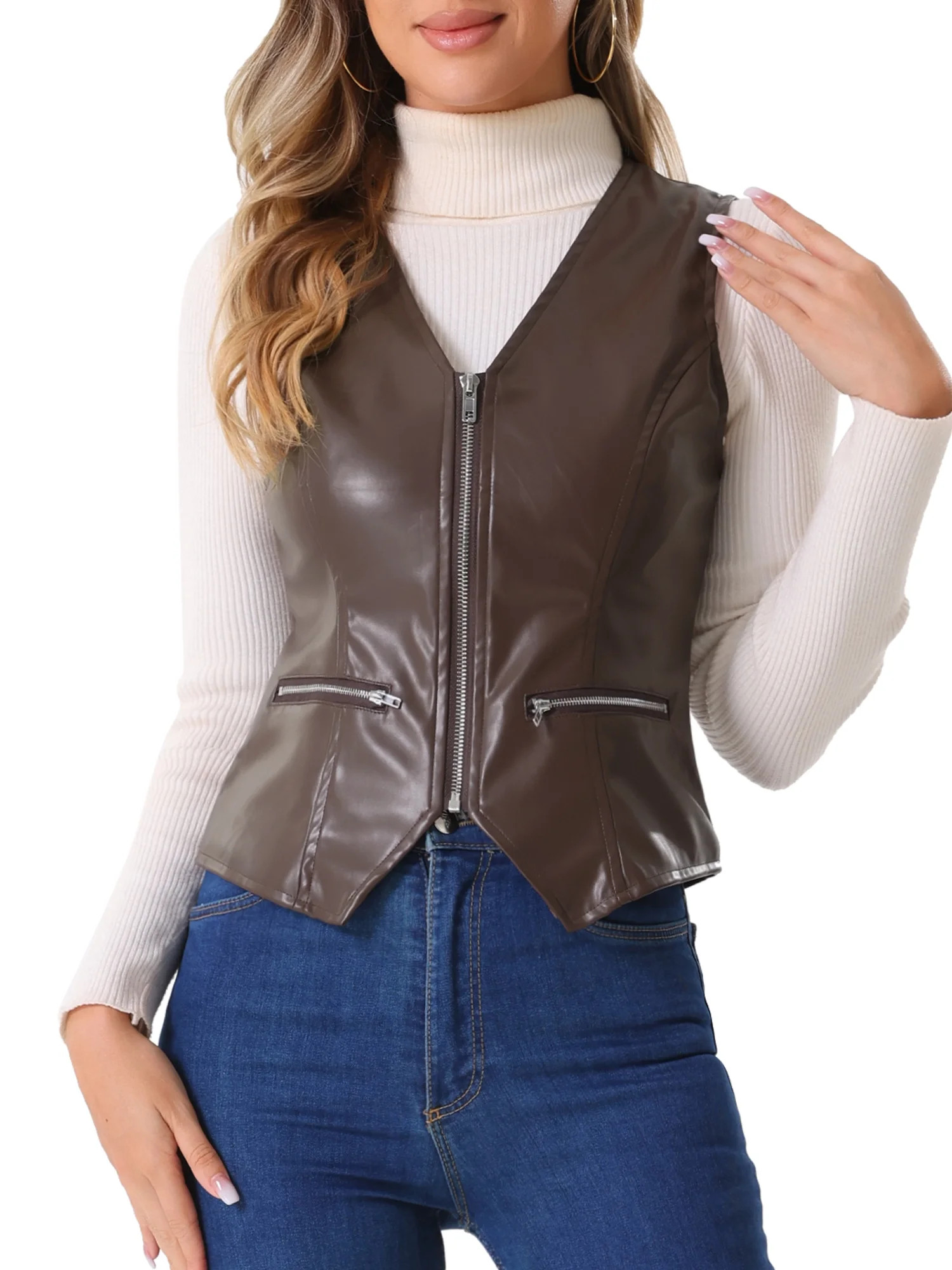 INSPIRE CHIC Women's Faux Leather Waistcoat V Neck Sleeveless Zipper Vintage Vest Jacket S Brown | Walmart (US)