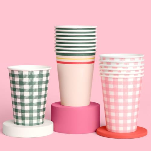 xo, Fetti Gingham Camp Paper Cups - 12 oz, 24 pcs | Green Picnic Drinkware, Pink Dinner Party Set... | Amazon (US)