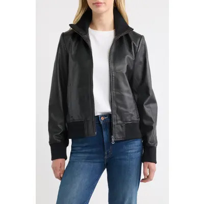 Bernardo Knit Collar Leather Jacket in Black at Nordstrom, Size Small | Nordstrom