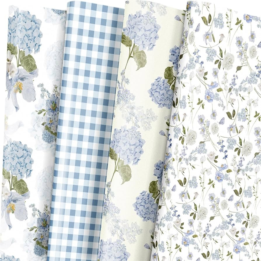 LeZakaa Floral Wrapping Paper, Blue Hydrangea Flowers & Gingham Check, 4 Different Design for Wed... | Amazon (US)