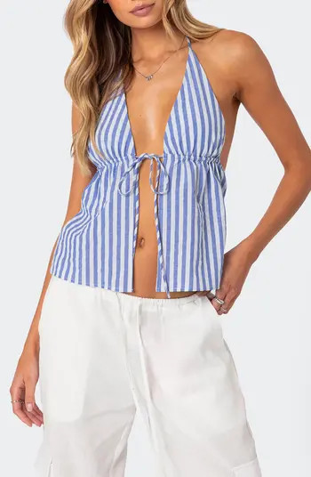 EDIKTED Madelyn Stripe Tie Front Cotton Halter Top | Nordstrom | Nordstrom