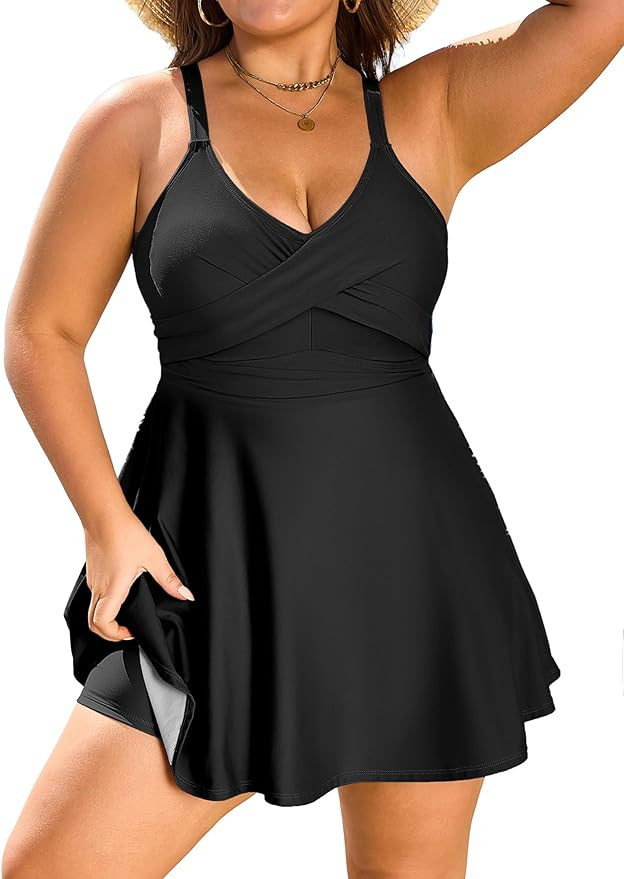 HUSKARY Plus Size Swimsuits for Women Swim Dress Tummy Control Two Piece Bathing Suit Flowy Tanki... | Amazon (US)