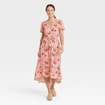Women&#39;s Flutter Short Sleeve Smocked Detail Dress - Knox Rose&#8482; Orange Floral L | Target