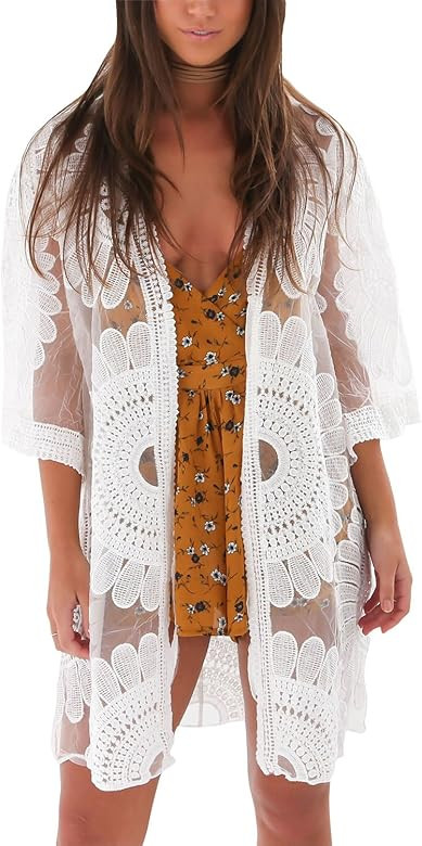 Women's Sexy Lace Crochet Swimsuit Bikini Cover Up Beach Dress (White) | Amazon (US)