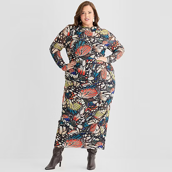 new!Ashley Graham Mesh Womens Plus Long Sleeve Butterfly Bodycon Dress | JCPenney