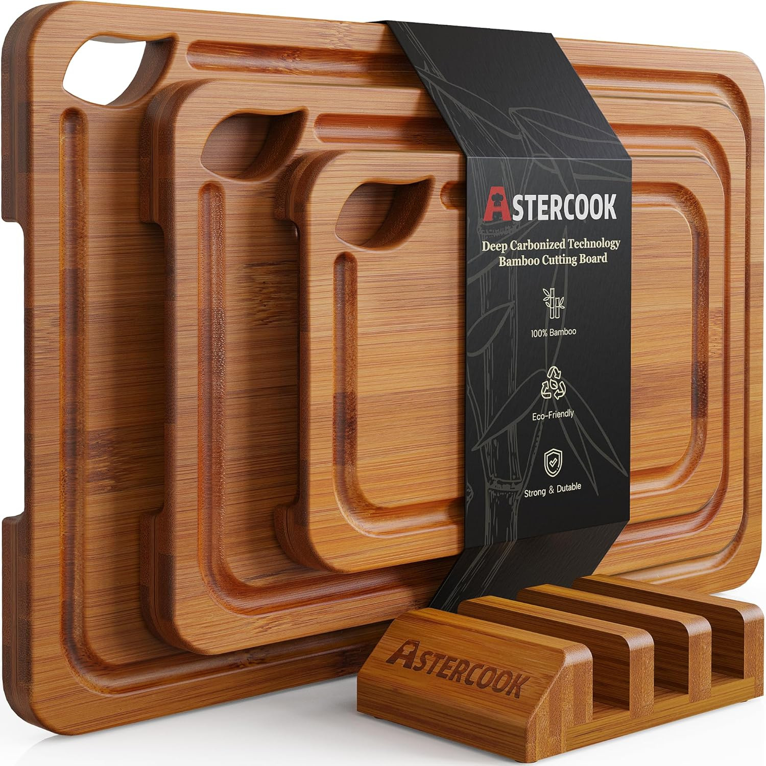 Astercook Deep-Carbonized Bamboo Cutting Boards for Kitchen with Wood Storage Stand, Reversible C... | Amazon (US)