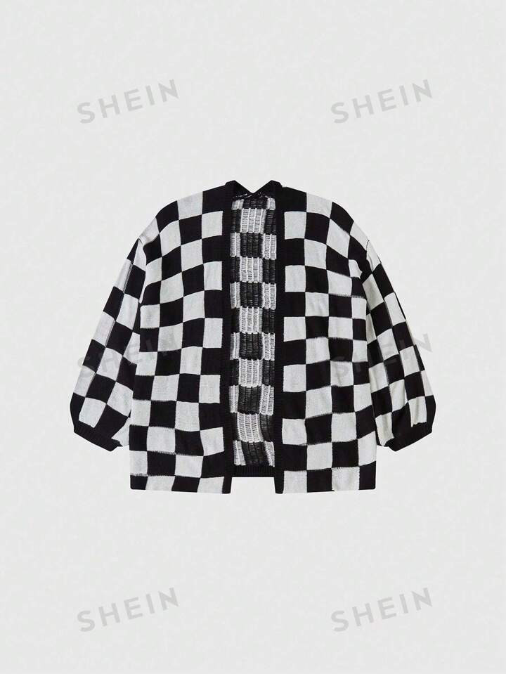 $2.30SHEIN Essnce Checked Drop Shoulder CardiganColor: Black and White | SHEIN