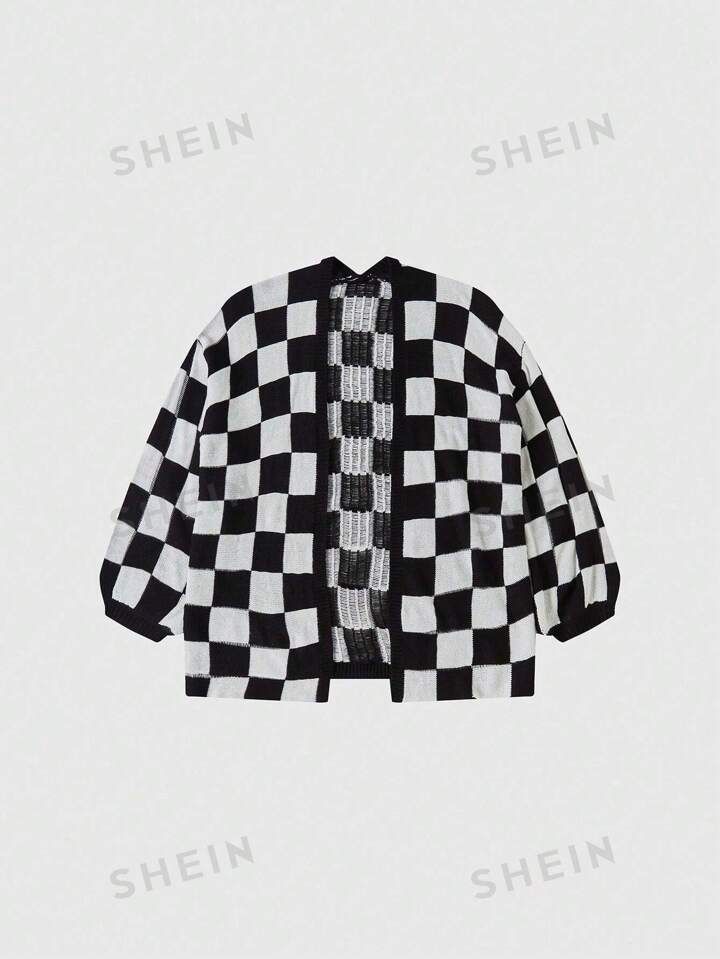 $2.30SHEIN Essnce Checked Drop Shoulder CardiganColor: Black and White | SHEIN