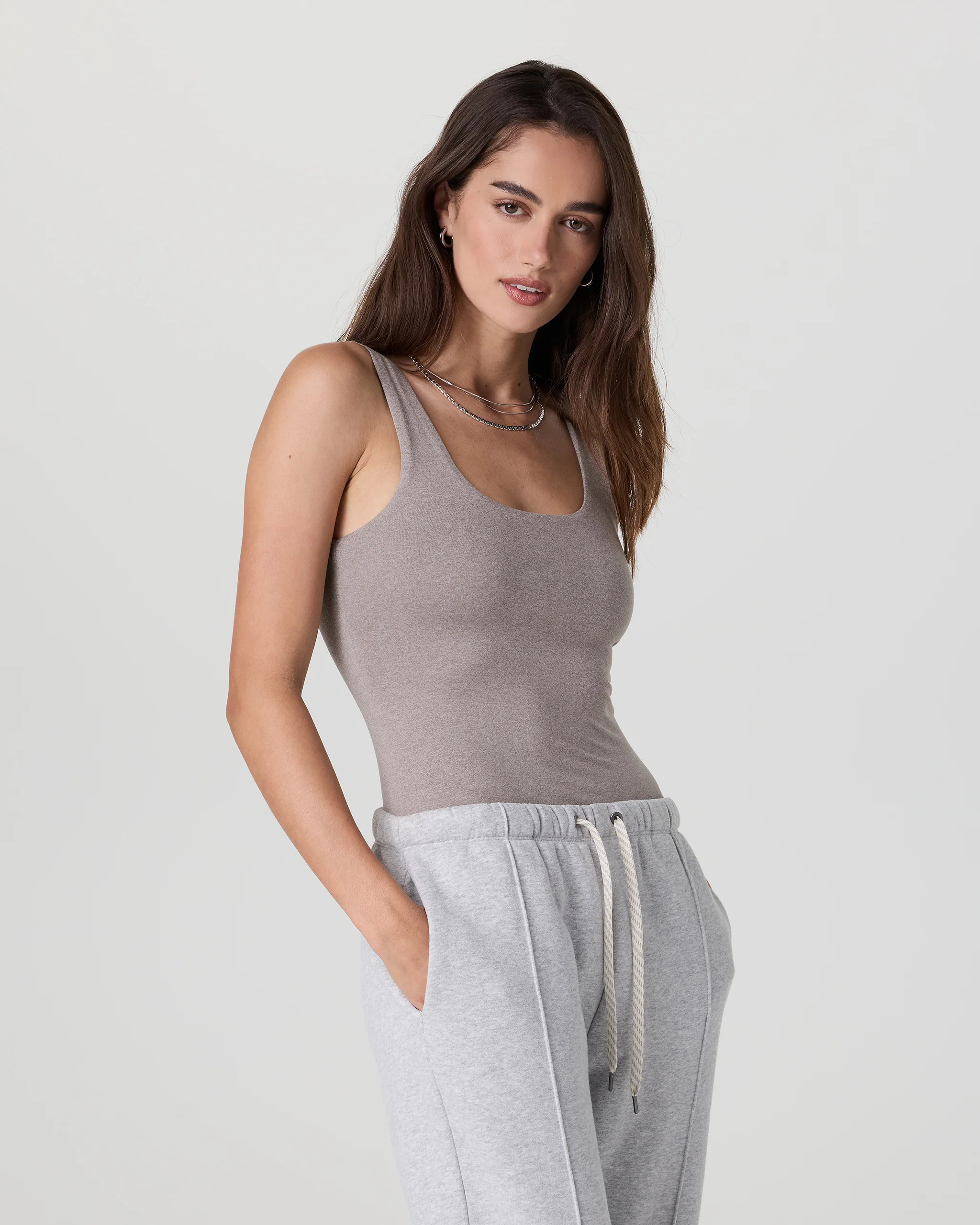 Sleeveless Halo Bodysuit | Cobblestone Heather | Vuori | Vuori Clothing (US & Canada)