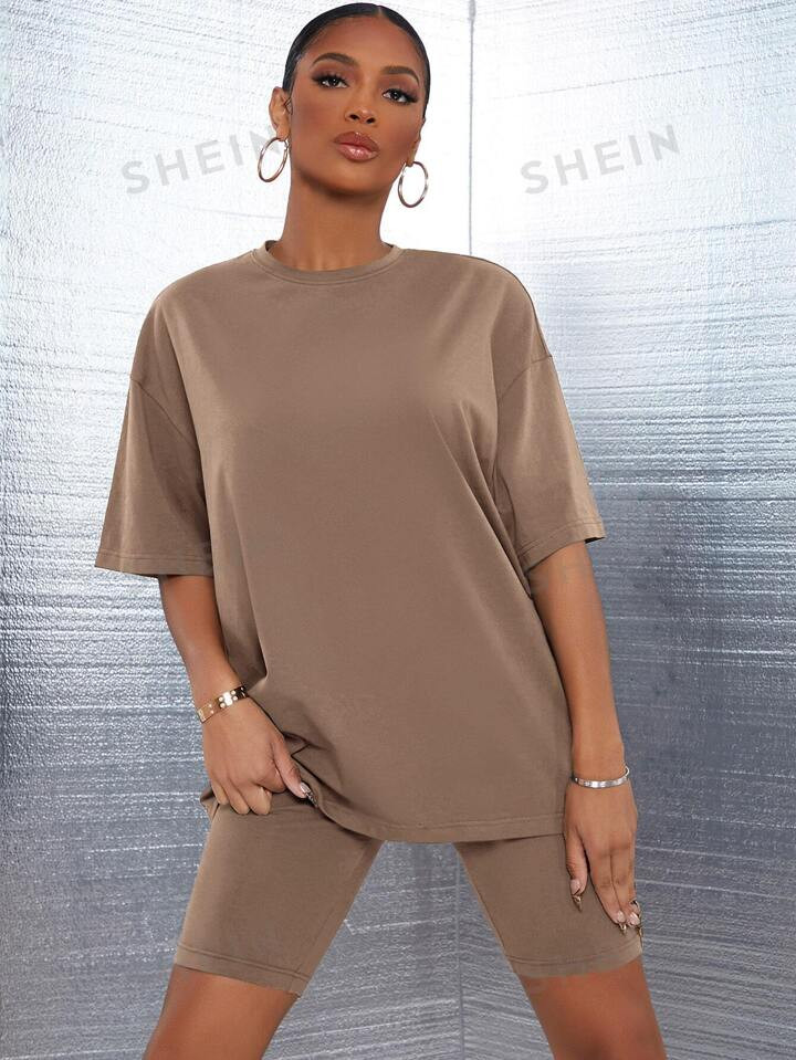 SHEIN SXY Drop Shoulder Solid Top & Biker Shorts Set | SHEIN