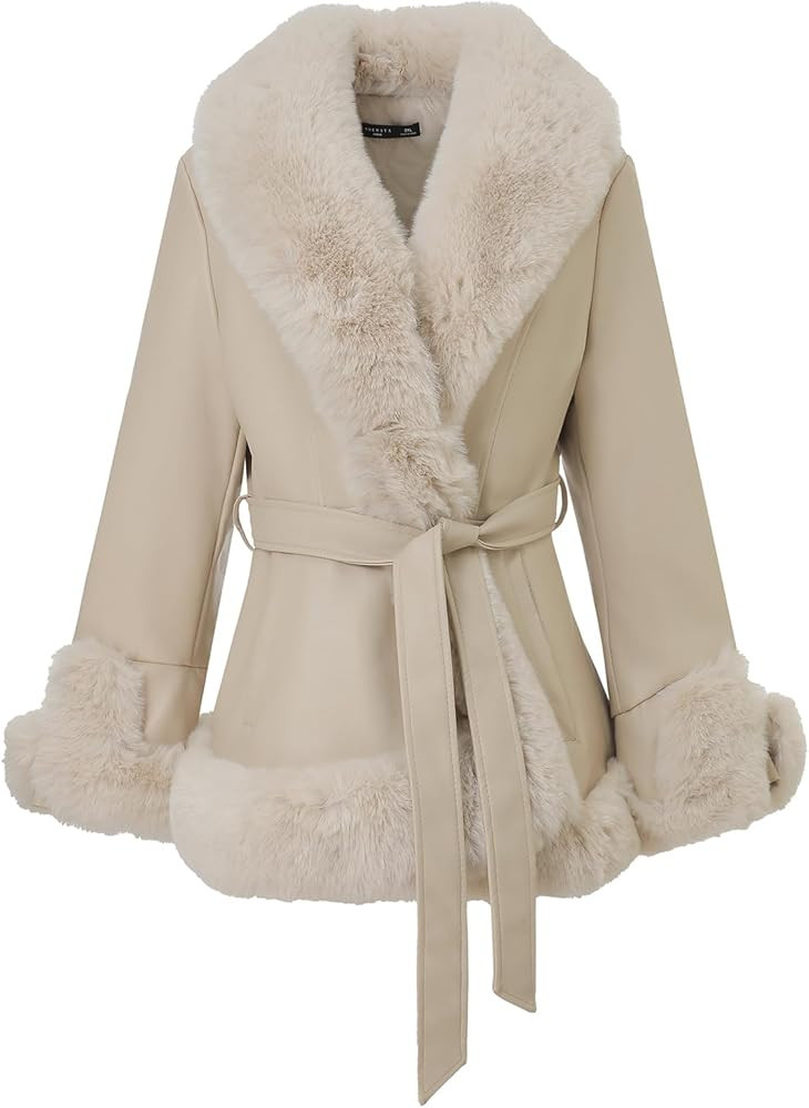 Women Warm Trendy Cropped Faux Fur Coat Fluffy Open Front Jacket Faux Leather Bubble Shaggy Short... | Amazon (US)