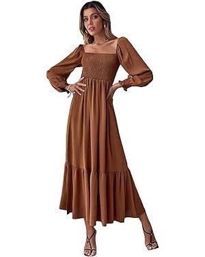 WDIRARA Women's Square Neck Flounce Shirred Ruffle Hem Elegant Long Sleeve Maxi Dress | Amazon (US)