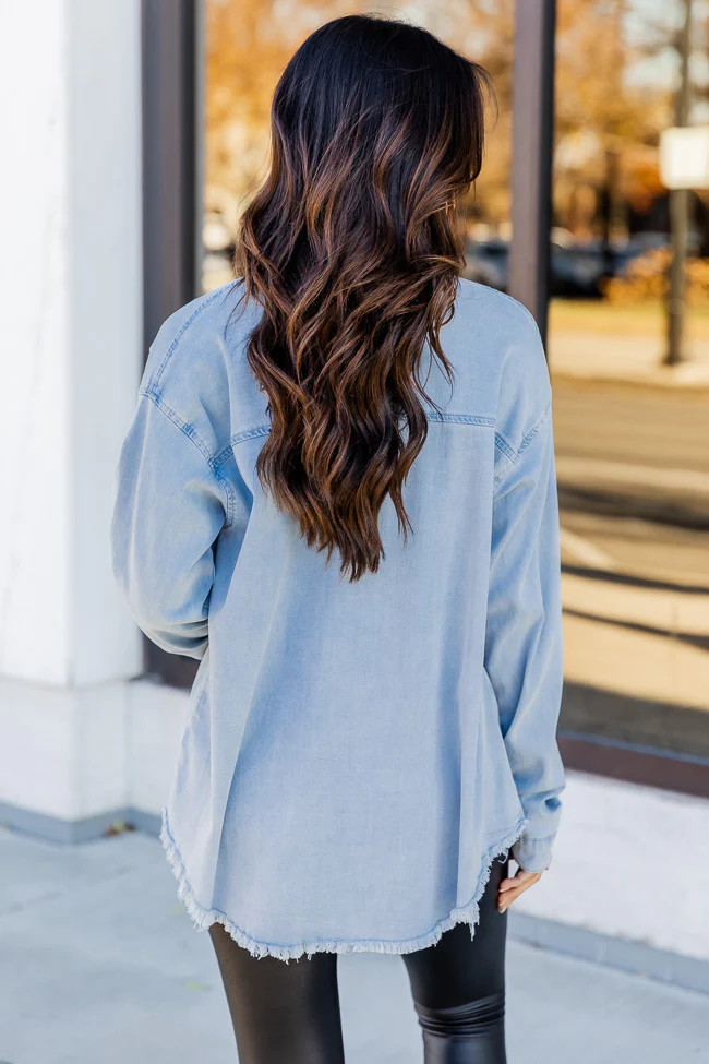 Take A Chance Tonight Light Wash Chambray Button Front Blouse | Pink Lily