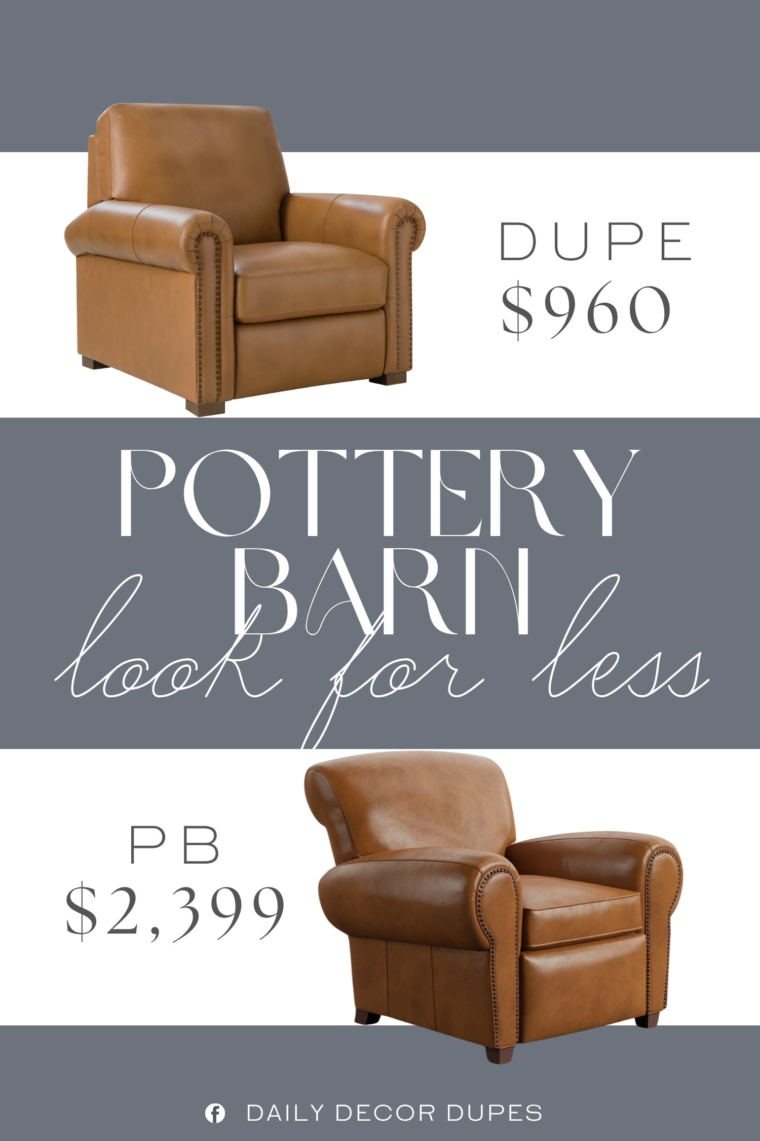 The Pottery Barn Manhattan Roll Arm Leather Recliner features rich brown leather, rolled arms, nailhead trim, and a cushioned back and seat for a traditional look with plenty of comfort. At around $960, compared with the $2,399 designer version shown, this lower-priced option brings a savings of about $1,439 while keeping the warm, timeless character of a leather recliner. 🪑✨🏡 Its classic silhouette makes a natural addition to a living room, family room, reading nook, or home library, especially alongside wood furniture, neutral textiles, and traditional decor. 🤎📚✨

Home more affordable option find similar look for less budget friendly affordable cheap cheaper beautiful pretty. Clearance sale coupon code discount code promo code luxury Inspo inspiration inspired by idea ideas Love like these? I share multiple every day in my FB group.
#PotteryBarnInspired #Recliner #LeatherRecliner #BrownLeatherChair #RollArmChair #TraditionalFurniture #LivingRoomFurniture #ReclinerChair #FurnitureFinds 

 #LTKHome