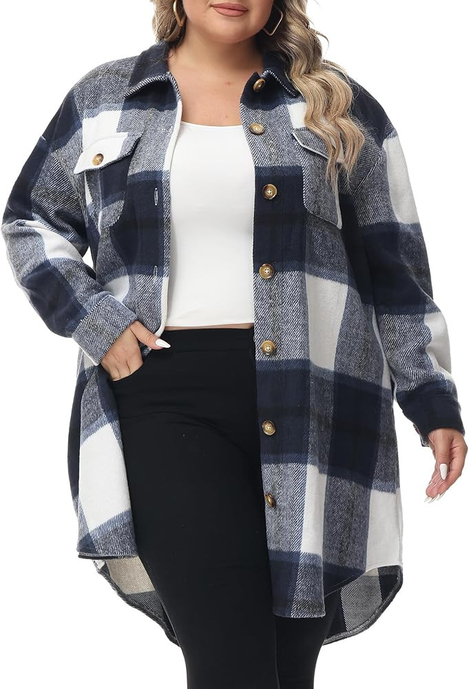 URBEST Women's Oversized Plaid Shacket - Cozy Long Sleeve Button Down Jacket with Pockets, Knee L... | Amazon (US)