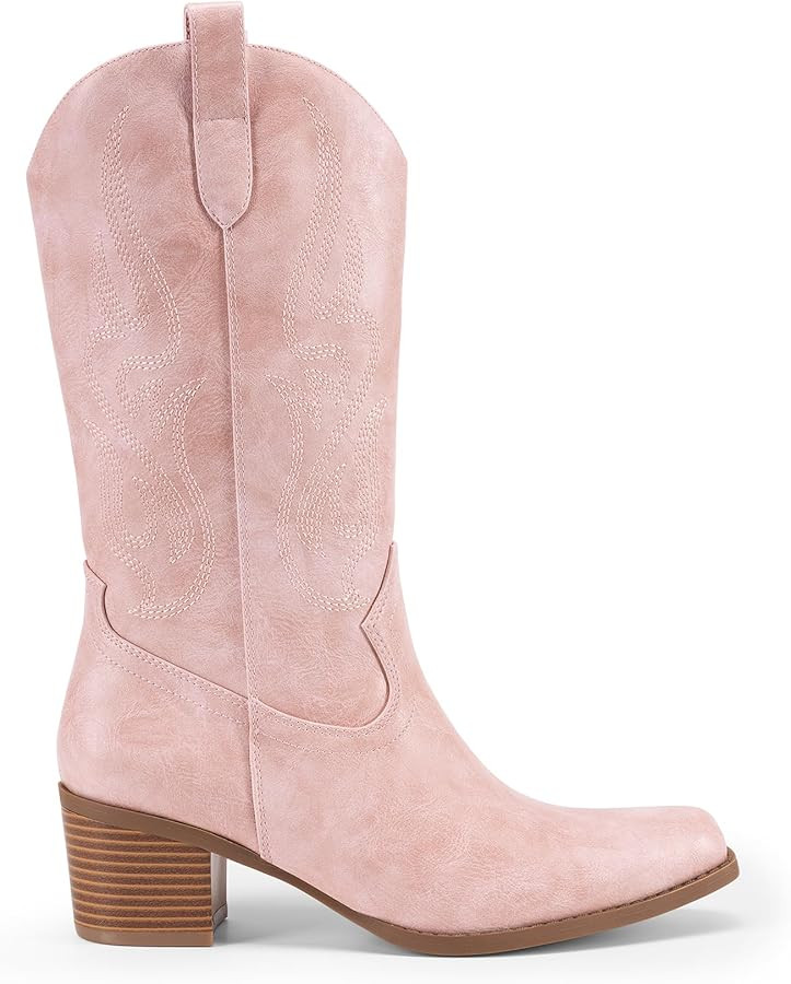 DREAM PAIRS Women's Square Toe Cowboy Cowgirl Boots Embroidered Mid Calf Western Boots Fashion Dress Low Chunky Heel Boots for Theme Party Country Concert | Amazon (US)