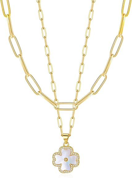 Four Leaf Clover Pendant Necklace Double Layer Chain 14K Gold Plated Birthday Valentine's day Jew... | Amazon (US)