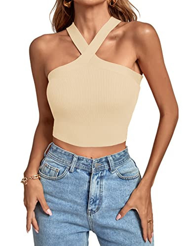 Umenlele Women's Criss Cross Halter Crop Top Sleeveless Solid Ribbed Knit Cami Tank Tops Beige Large | Amazon (US)