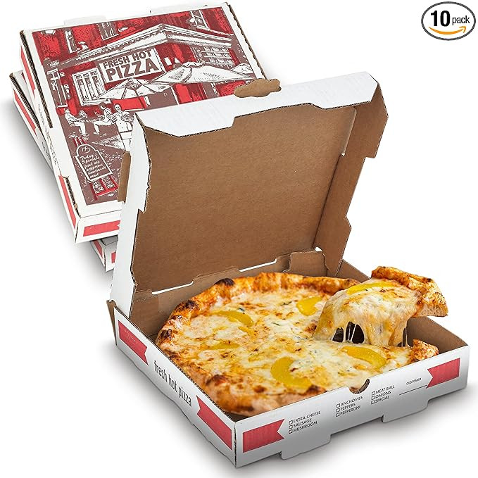 MT Products Cardboard Pizza Box 10" Length x 10" Width x 1.75" Depth Corrugated White-Red B-Flute... | Amazon (US)