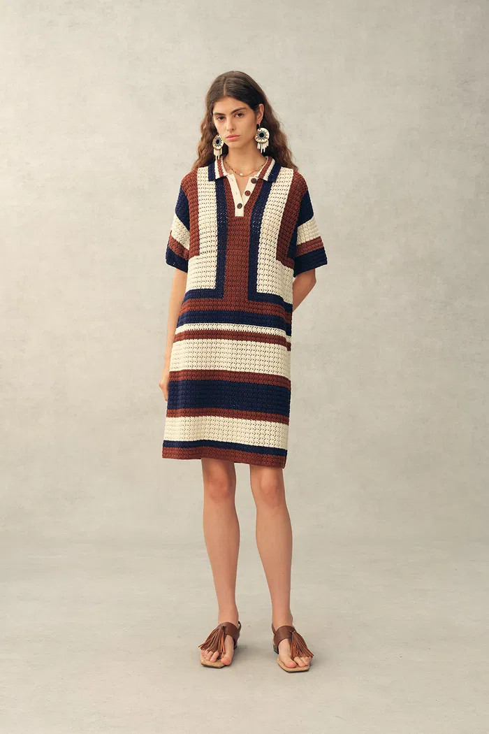 Louise Short-Sleeve Crochet Dress in Cotton-Linen Knit | Fabrique