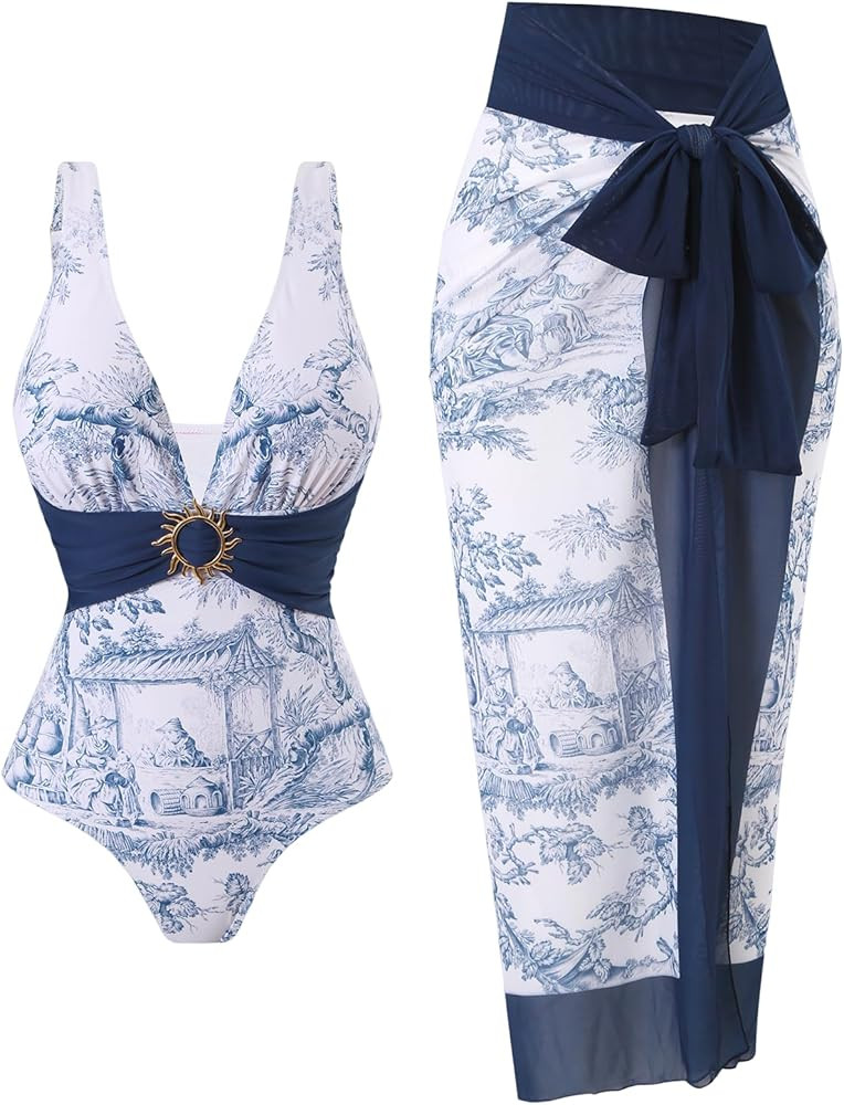 SherryDC One Piece Swimsuit with Cover up Wrap Skirt Sarong Floral Print Plunge V Neck Bathing Su... | Amazon (US)