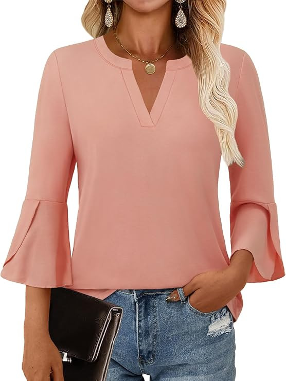 Women's Blouses Ruffle 3/4 Sleeve Dressy Top V Neck Casual Tunic Blouses Business Shirts S-XXL | Amazon (US)