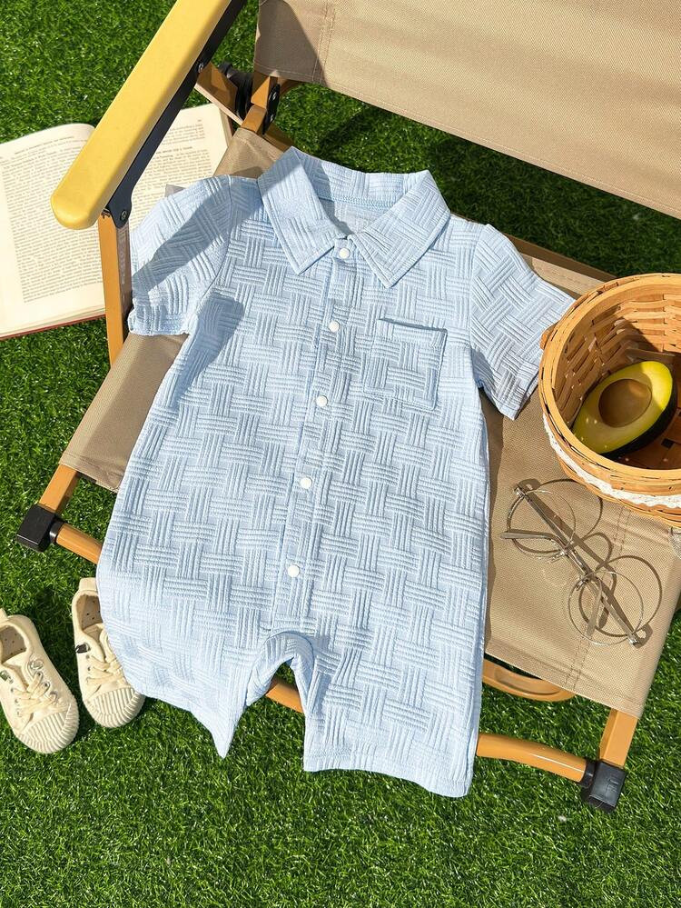 Infant/Toddler Boys' Casual Solid Blue Short Sleeve Romper, Baby Boys' Outdoor Outfit | SHEIN