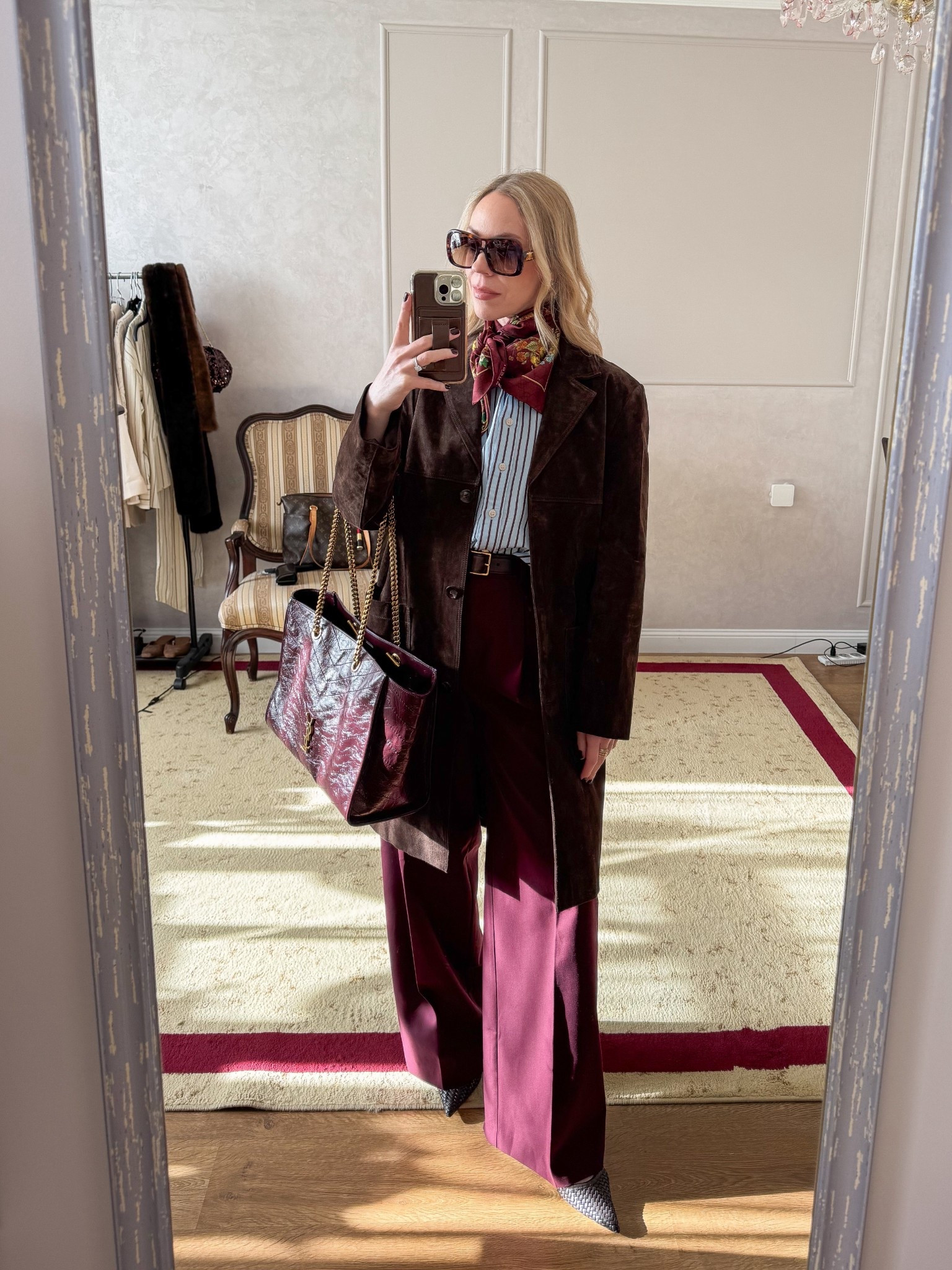 Work outfit, spring workwear, @Zara suede coat, Gucci silk scarf, chocolate brown and burgundy outfit, YSL tote bag

#LTKootd #LTKWorkwear