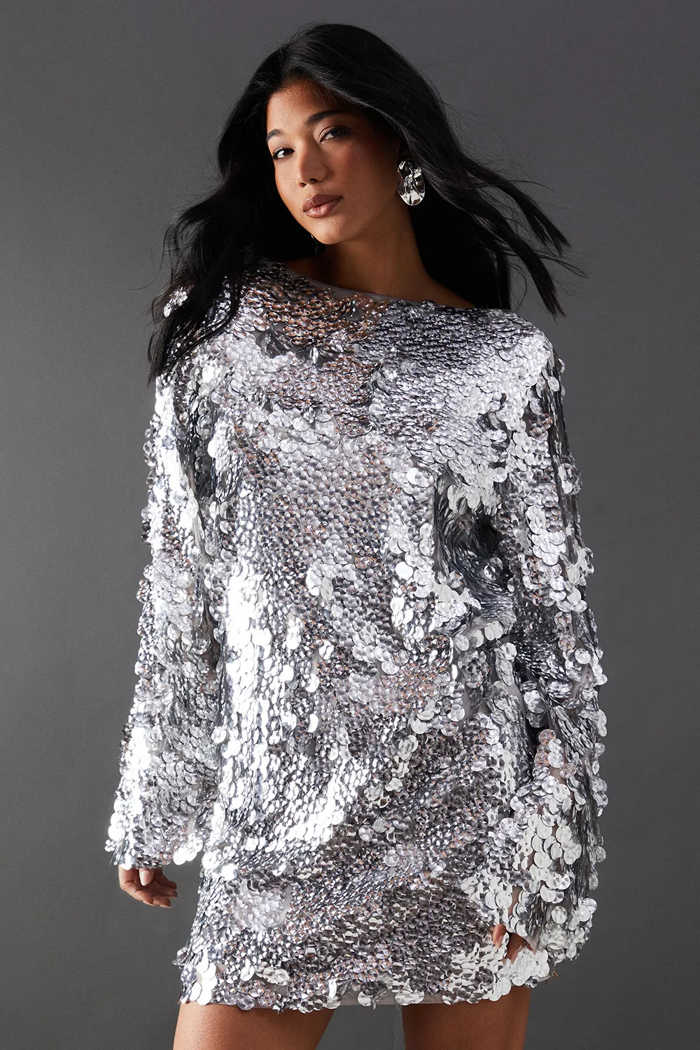 Dresses | Premium Holographic Sequin Slash Neck Mini Dress | Warehouse | Warehouse UK & IE