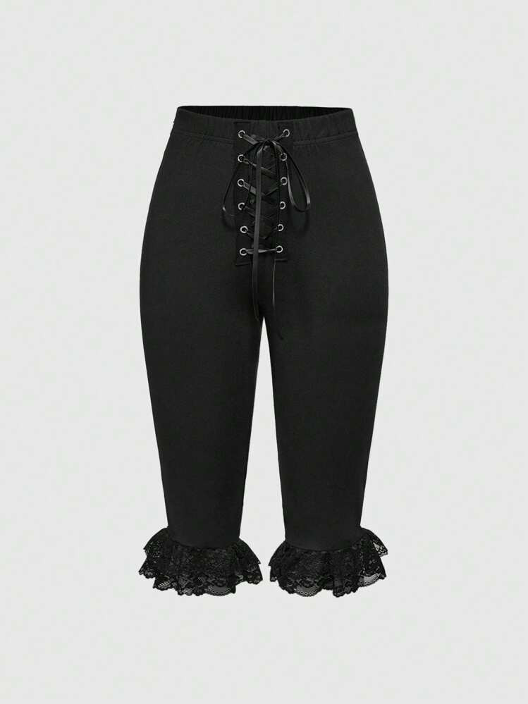 ROMWE Kawaii Spring/Summer Women's Basic Y2K Millennium Style Lace Patchwork Tie Up Capri Pants | SHEIN