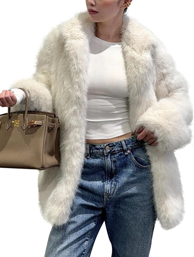Kissonic Women's Long Faux Fur Coat Lapel Shaggy Winter Jacket Luxury Warm Furry Open Front Outer... | Amazon (US)