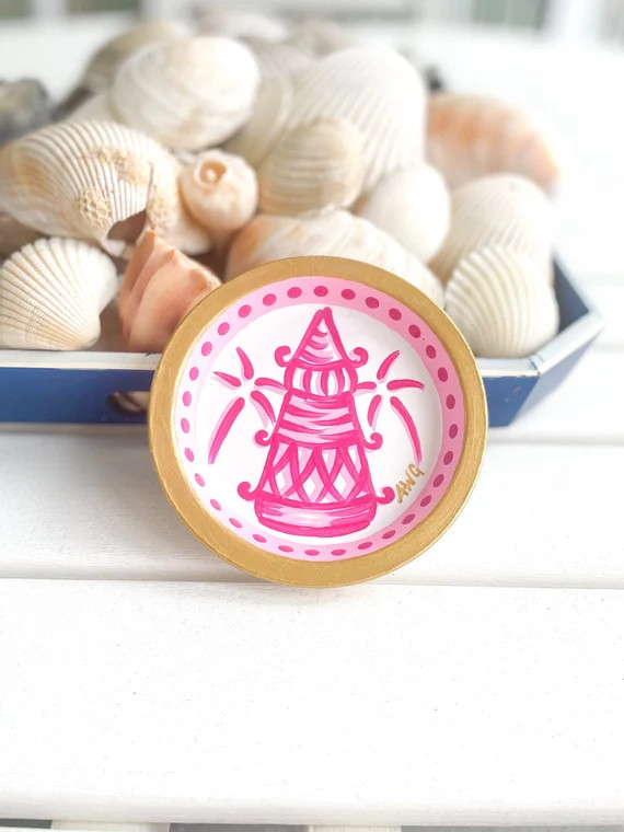 Hand Painted Chinoiserie Jewelry Dish with Pagoda and Palm Motif | Etsy (US)