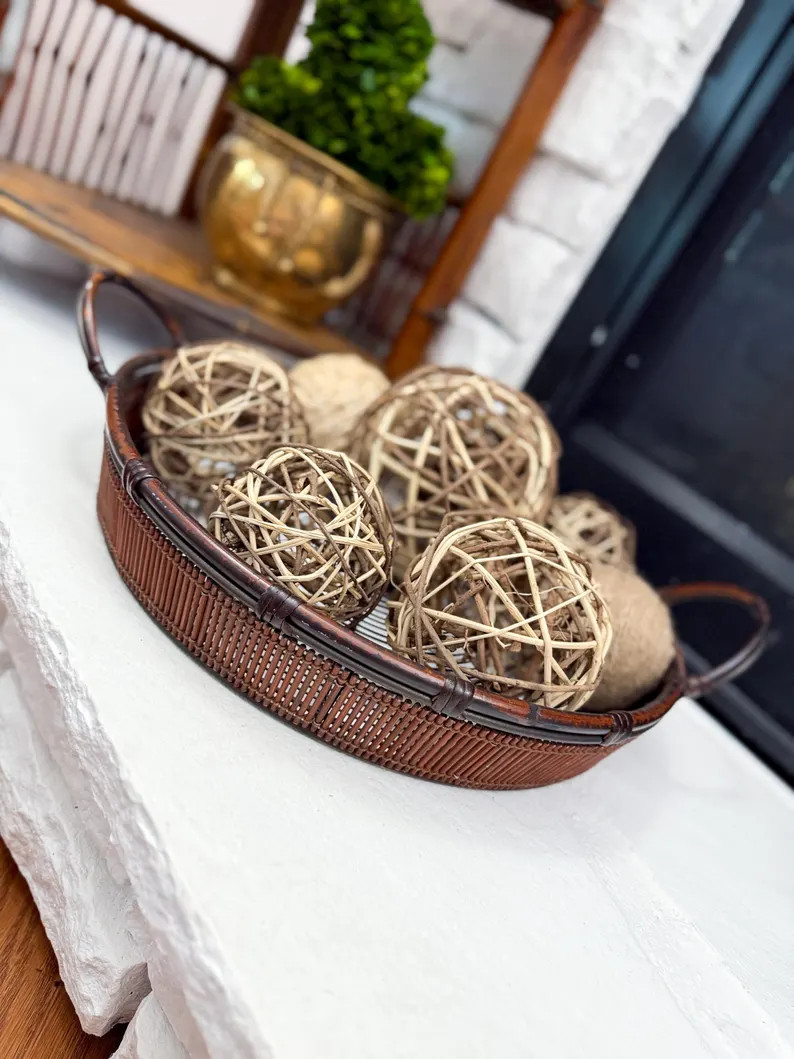 Vintage Bamboo and Metal Decorative Storage Basket, Bowl | Home Decor, Grandmillennial Style | Co... | Etsy (US)