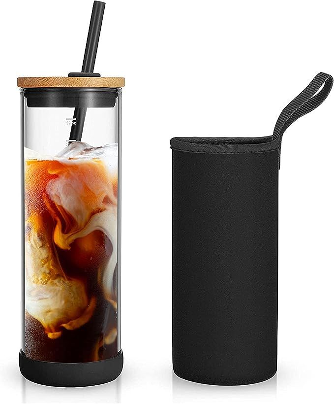 Tronco Iced Coffee Cup Glass Tumbler with Straw and Bamboo Lid|Wide Mouth Reusable Smoothie Cup w... | Amazon (US)