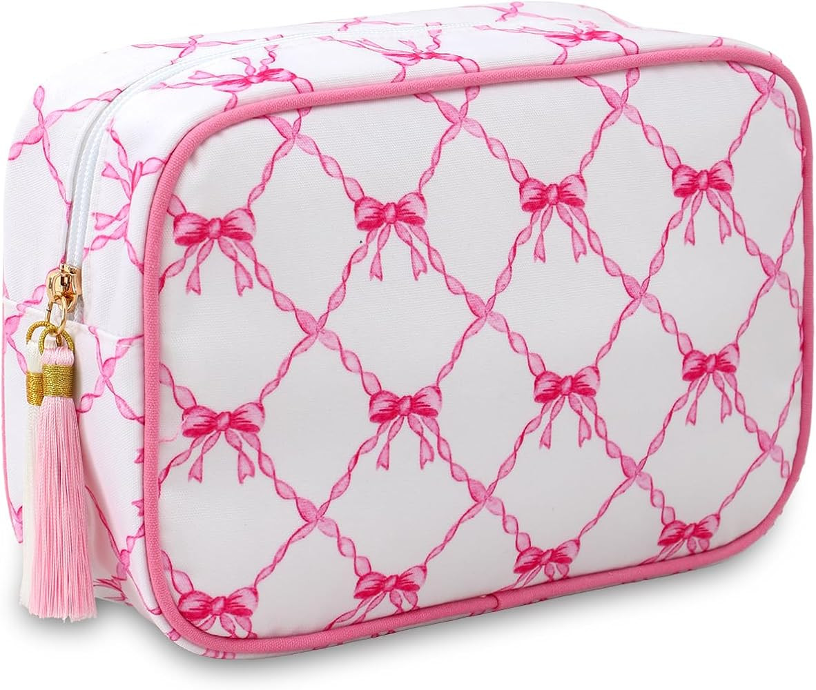 Stripe Makeup Bag Travel Cosmetic Bag Organizer Tassel Toiletry Bag Large Canvas Zipper Pouch and... | Amazon (US)