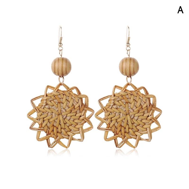 Boho Women Handmade Rattan Straw Weave Geometry Round Drop Dangle Earrings | Walmart (US)