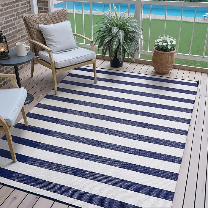 PureCozy Outdoor Waterproof Patio Rug 5x8 Plastic Straw Reversible Lightweight Outside Navy Blue ... | Amazon (US)