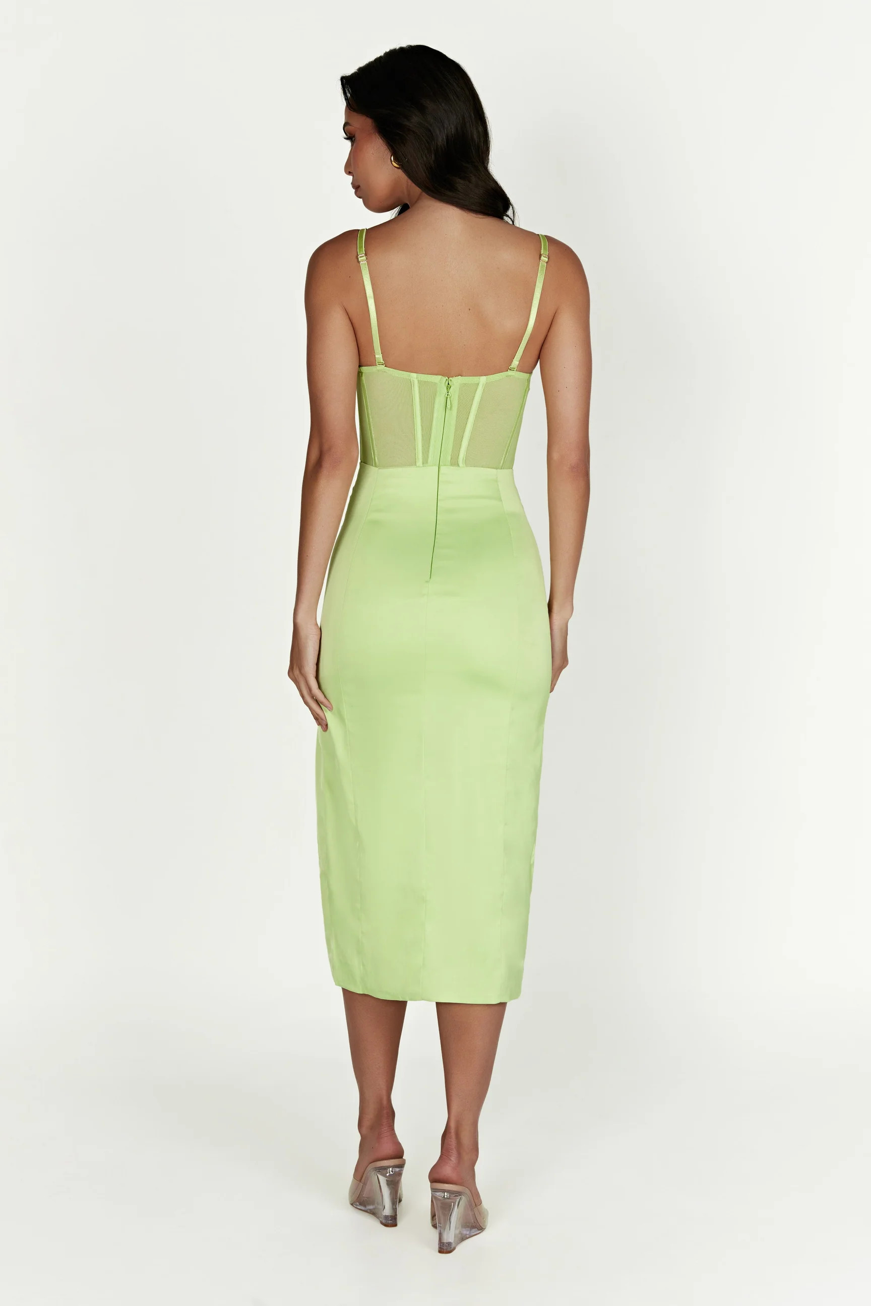 Talisa Chain Strap Side Split Corset Midi Dress - Pistachio Green | MESHKI US