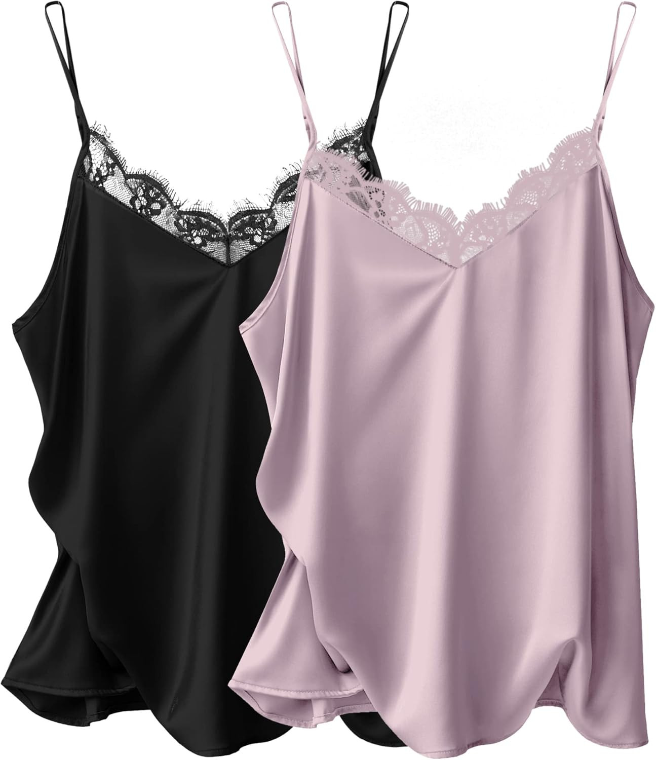 Ekouaer Women's 2 PCS Silk Satin Cami Lace Top Spaghetti Strap Tank Tops Basic Camisole Top S-3XL | Amazon (US)