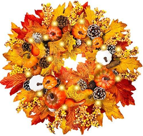 TURNMEON 22" Fall Wreath for Front Door Fall Decoration with 30 Lights Pumpkin Maples Leaf Pine C... | Amazon (US)