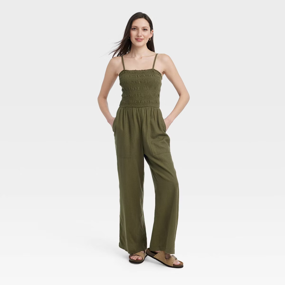 Women's Smocked Linen Maxi Jumpsuit - Universal Thread™ Olive Green M | Target
