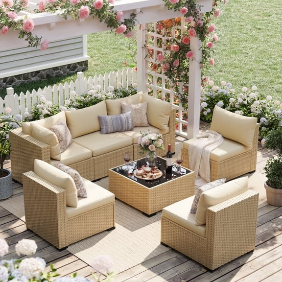 UDPATIO 7-Piece Wicker Modular Sectional Outdoor Conversation Sets with Glass Coffee Table, Yello... | Walmart (US)