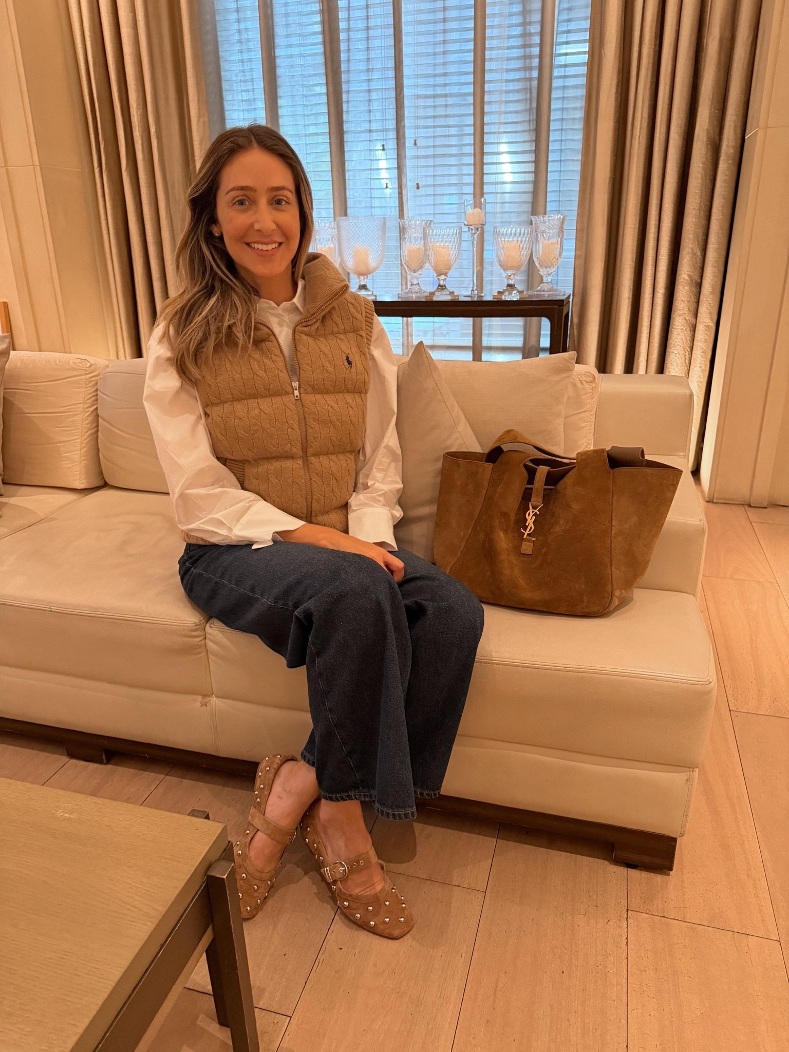 Fall outfit idea I wore in New York 
Vest, white button down, jeans and studded flats. Everything runs true to size I’m wearing size small.

#LTKU #LTKSeasonal #LTKootd