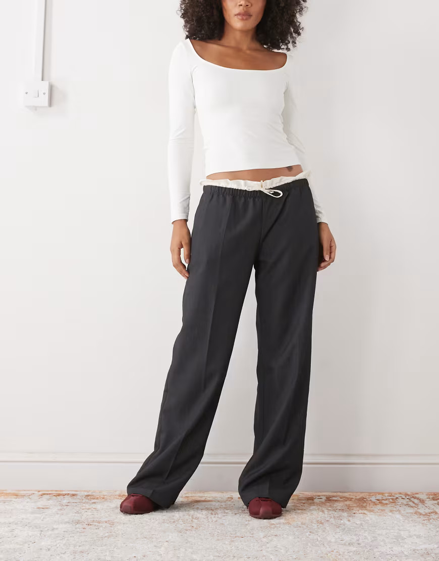 Monki pull on tailored pants with cotton waistband detail in dark gray | ASOS (Global)