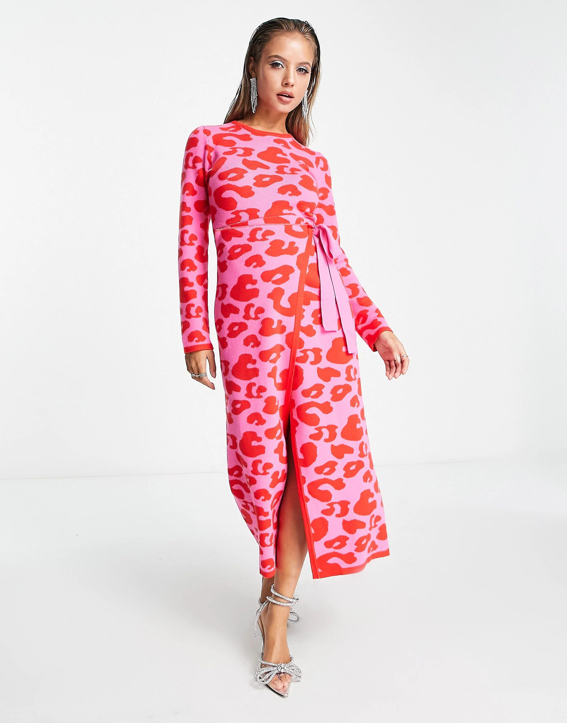 Never Fully Dressed leopard knit wrap midi dress in pink and red | ASOS | ASOS (Global)
